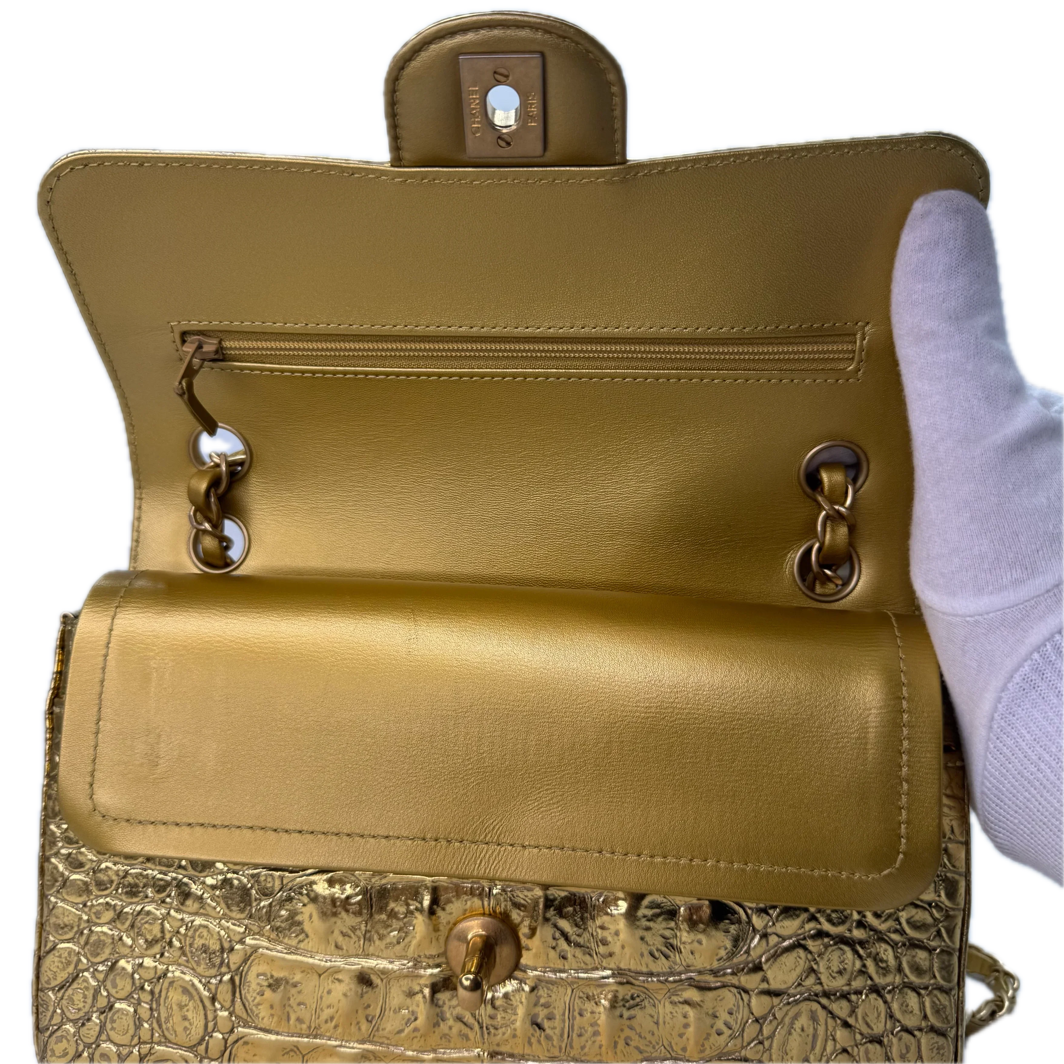 Chanel Double Flap Gold Egyptian Fall 2019 Medium embossed Crocodile Bag - Image 12