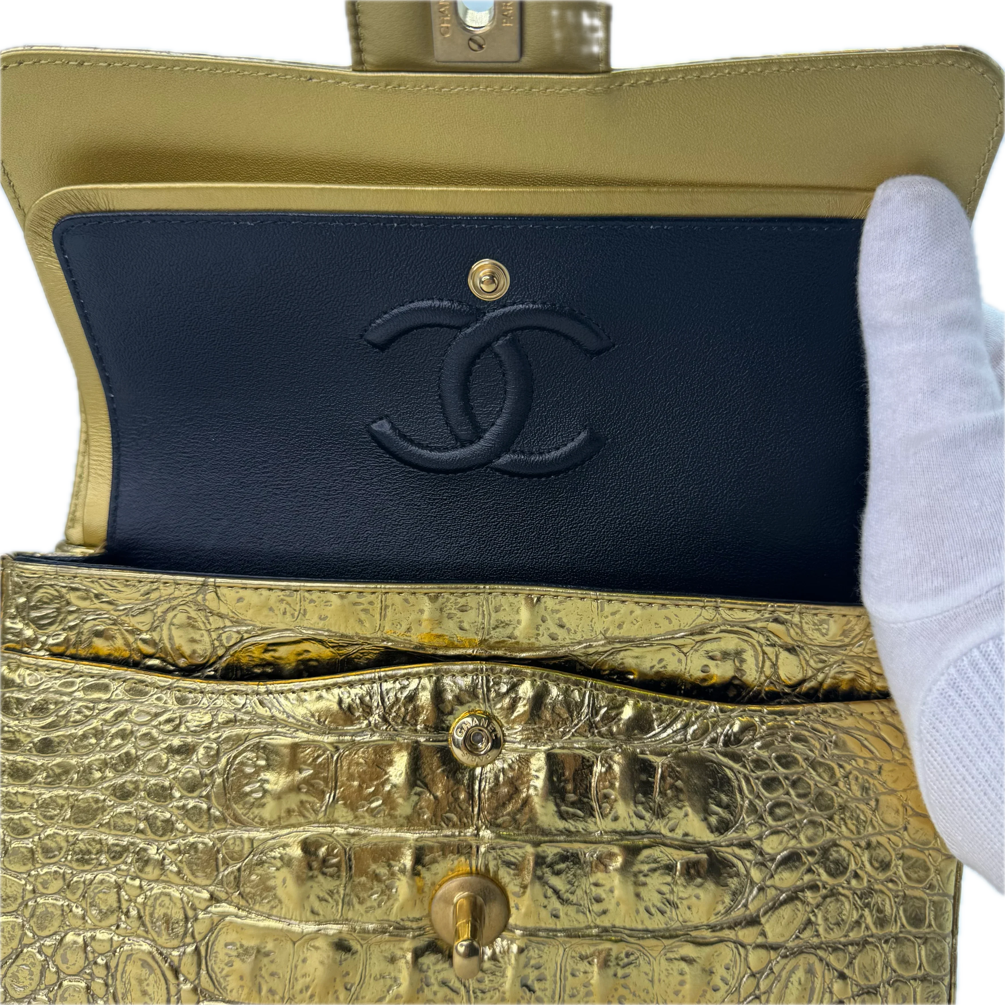Chanel Double Flap Gold Egyptian Fall 2019 Medium embossed Crocodile Bag - Image 13