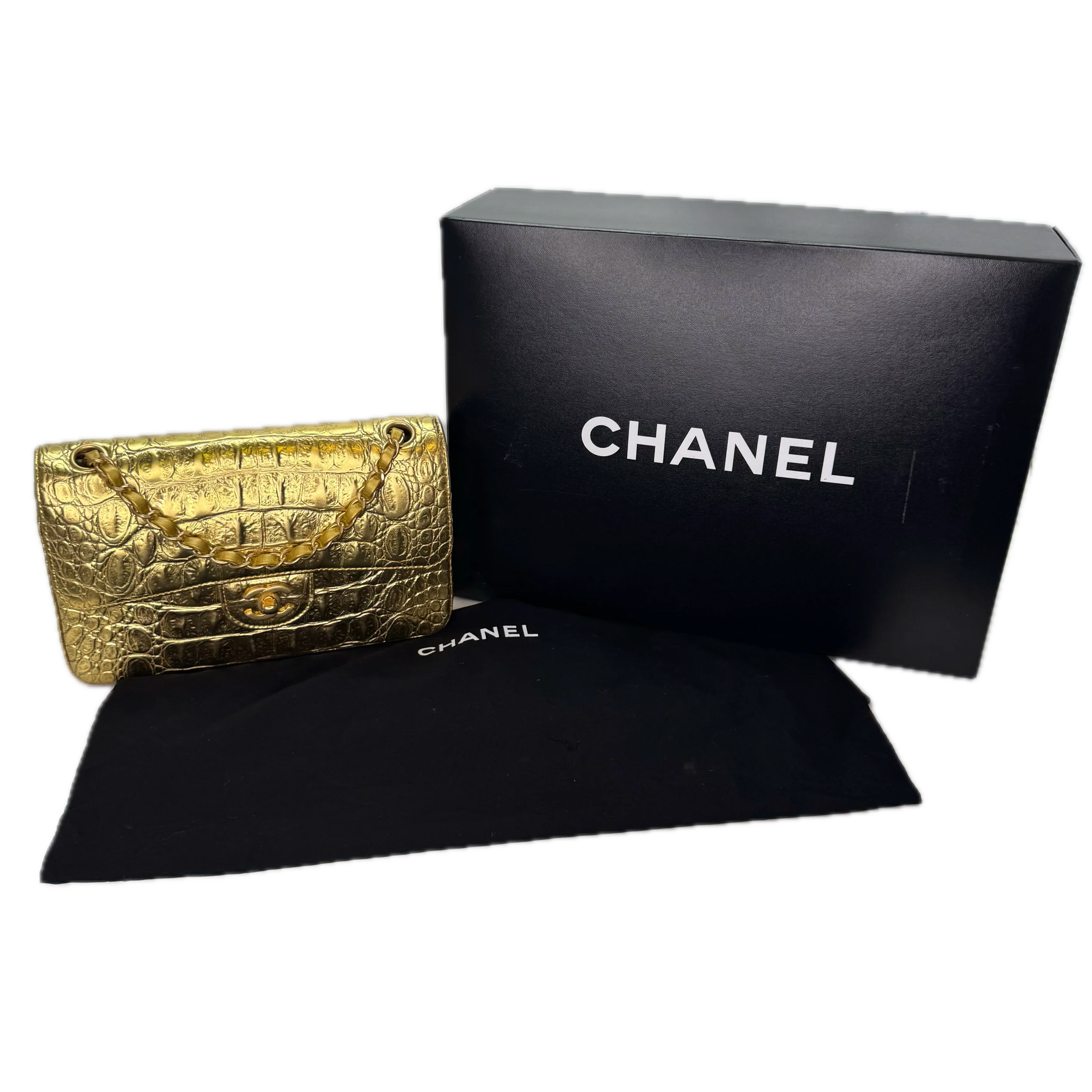 Chanel Double Flap Gold Egyptian Fall 2019 Medium embossed Crocodile Bag - Image 3