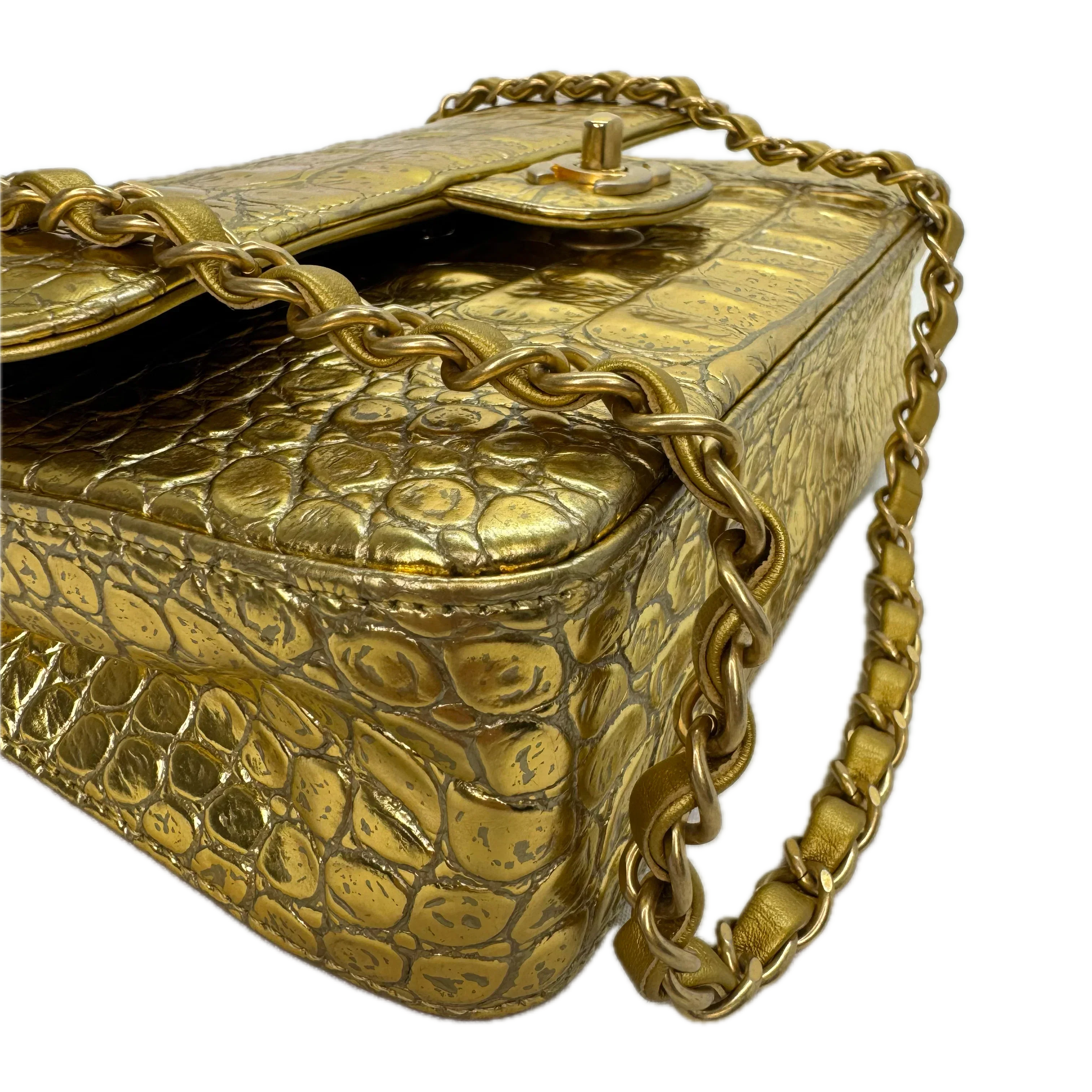 Chanel Double Flap Gold Egyptian Fall 2019 Medium embossed Crocodile Bag - Image 6