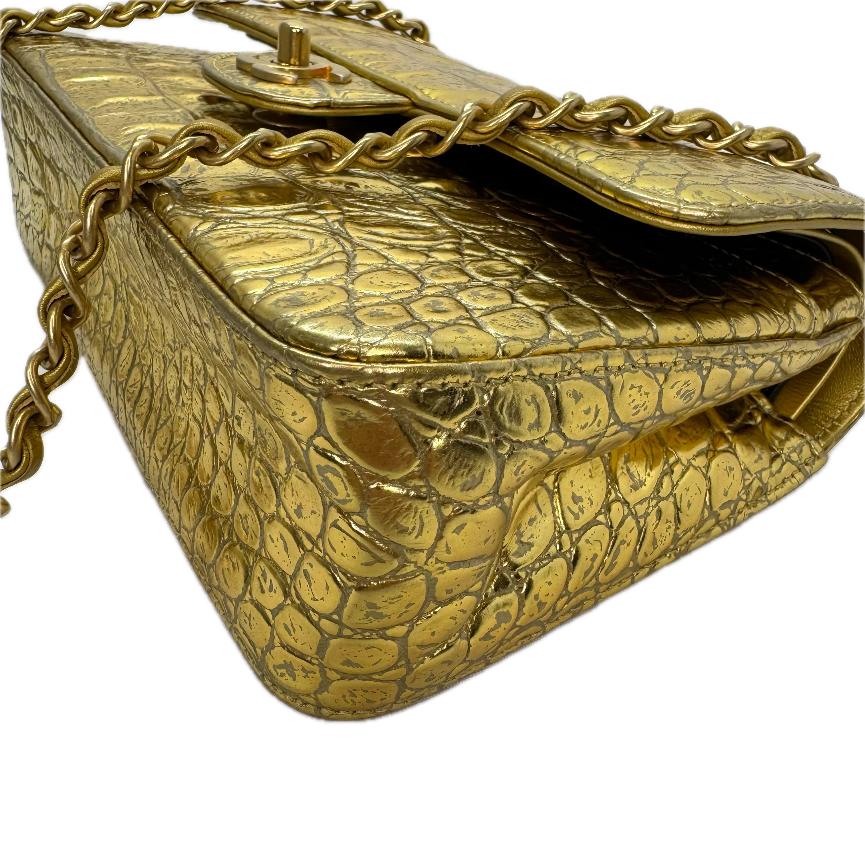 Chanel Double Flap Gold Egyptian Fall 2019 Medium embossed Crocodile Bag - Image 9