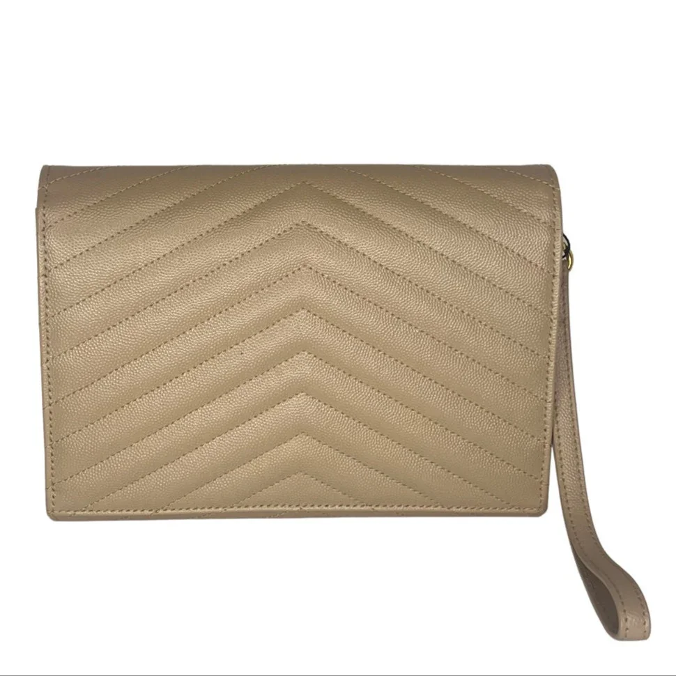 Yves Saint Laurent (YSL) Cassandra Clutch – Chevron Quilted Leather Beige - Image 3